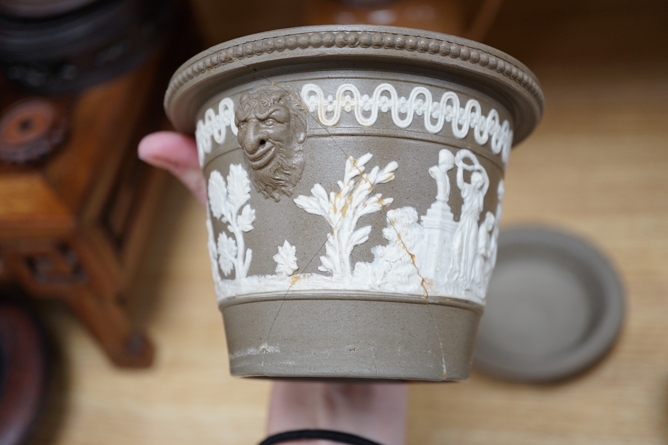 Five Meigh and Co. style Victorian stoneware planters and three Doulton jugs, tallest 20cm